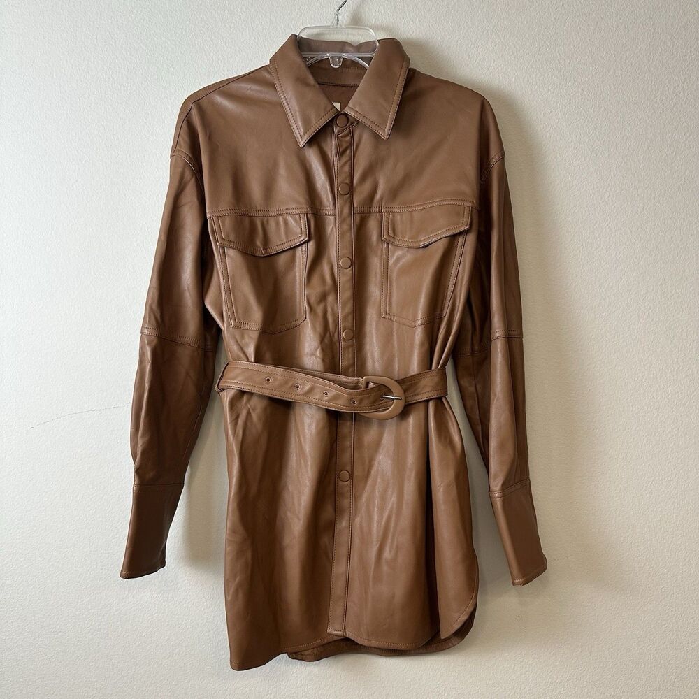 ZARA FAUX LEATHER  SHIRT DRESS BELTED IN CAMEL BROWN SIZE M LONG SLEEVES POCKETS